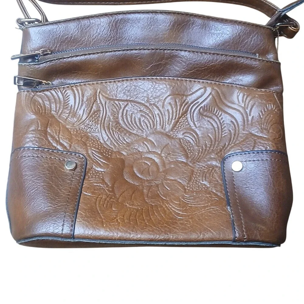 Crossbody‎ Bag Women Small Brown Floral Embossed Faux Leather Western